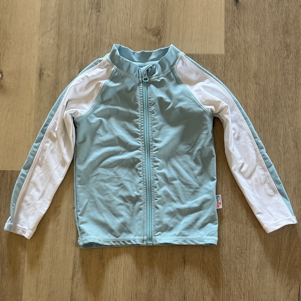 SwimZip Kids 3T UPF 50+ Long Sleeve Zipper Rash Guard Swim Shirt Aqua & White